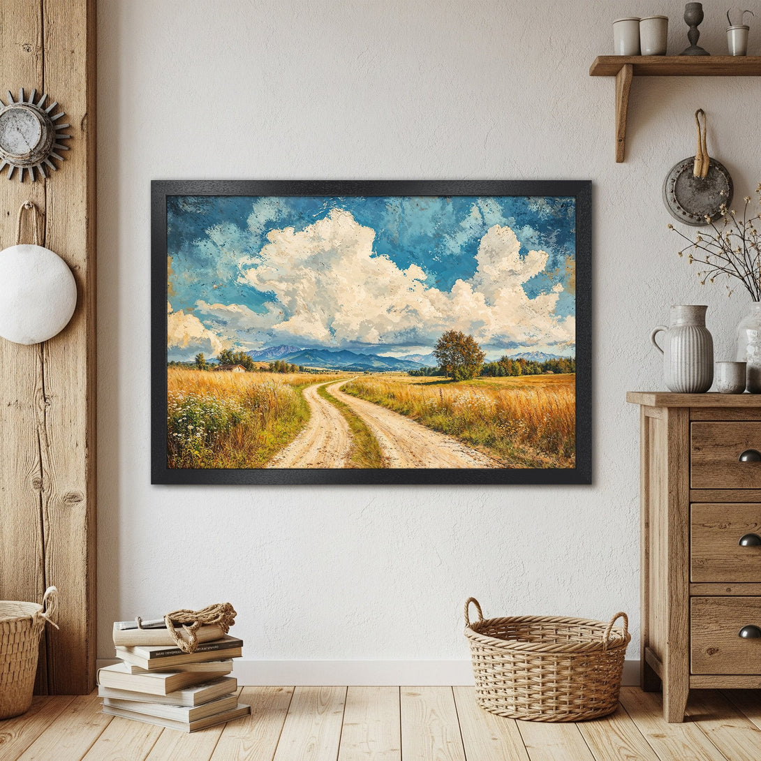 Framed Poster of a scenic landscape painting with a warm color palette. Perfect wall art for your home!
