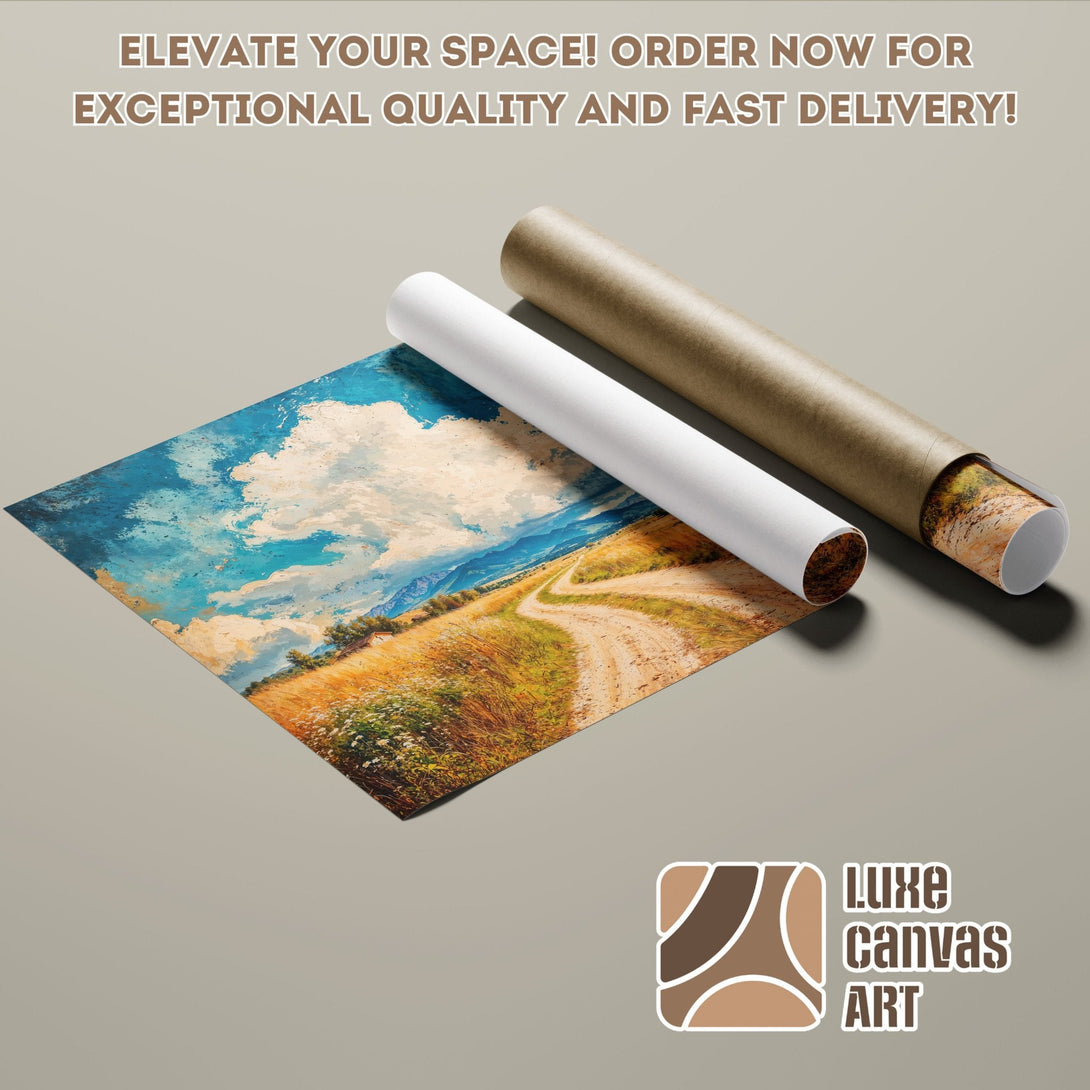 Poster Roll of landscape art in blue, yellow, and brown tones. Buy now!