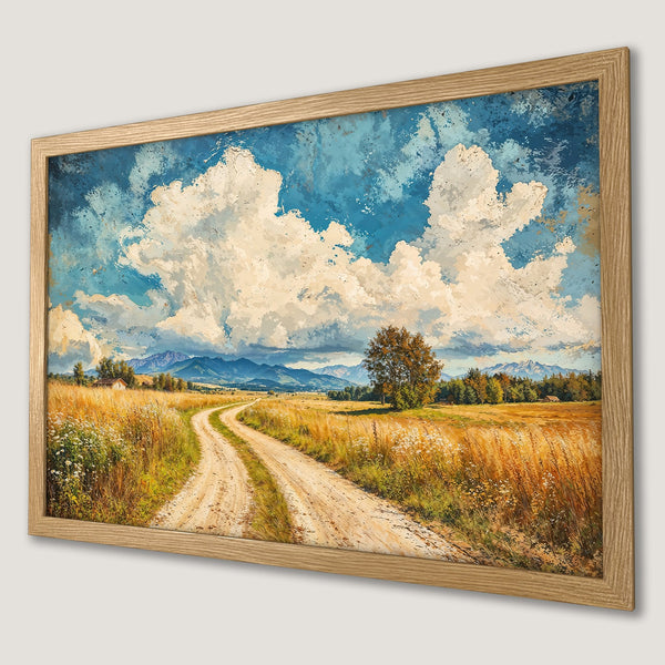 Framed Poster of a scenic landscape with a dirt road, blue sky, and golden fields. Rustic style, warm color palette. Perfect wall art!