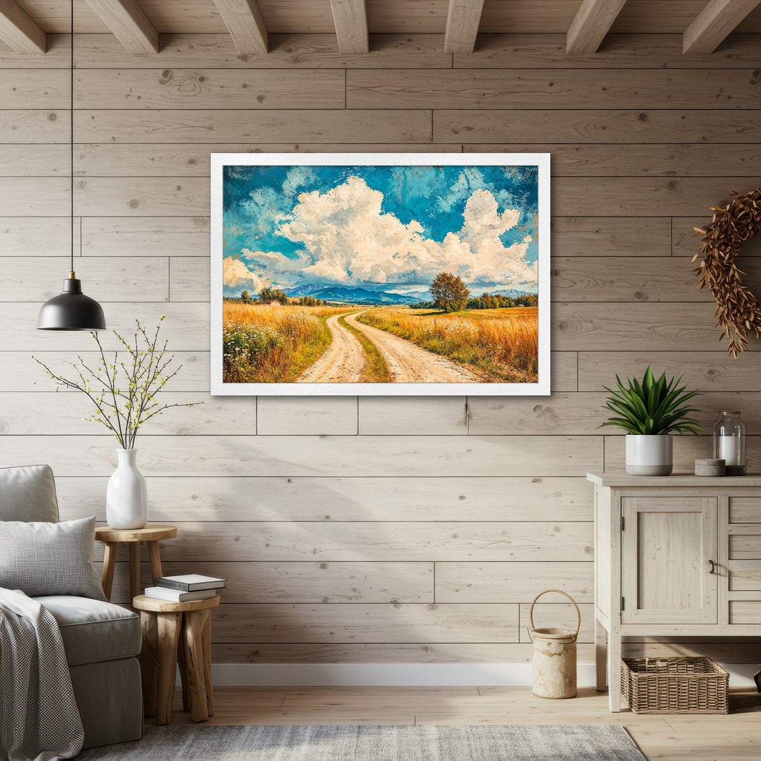 Framed Poster of a scenic landscape painting, featuring a dirt road, blue sky, and golden fields. Impressionistic style, warm earth tones.