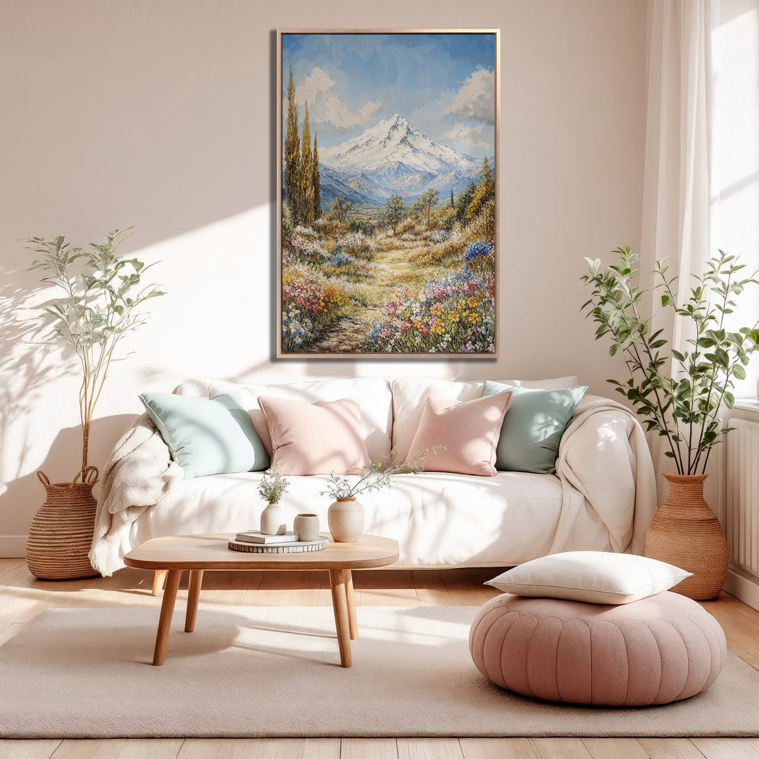 Framed Wall Art: Mountain landscape painting in warm tones. Adds a touch of nature and serene beauty to any interior. Perfect for living room decor.