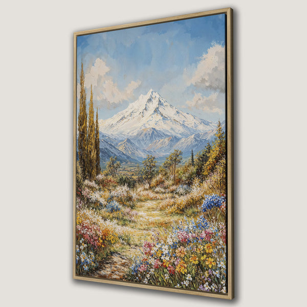 Framed Wall Art: Mountain landscape painting with vibrant wildflowers and a blue sky. Impressionist style, warm color palette. Perfect wall decor.