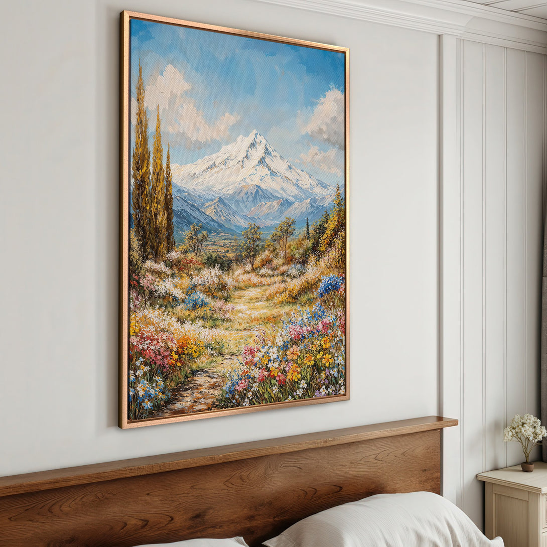 Framed Wall Art: Mountain landscape painting with vibrant floral foreground. Impressionistic style, featuring blue, green, and yellow color palette. Perfect for home decor.