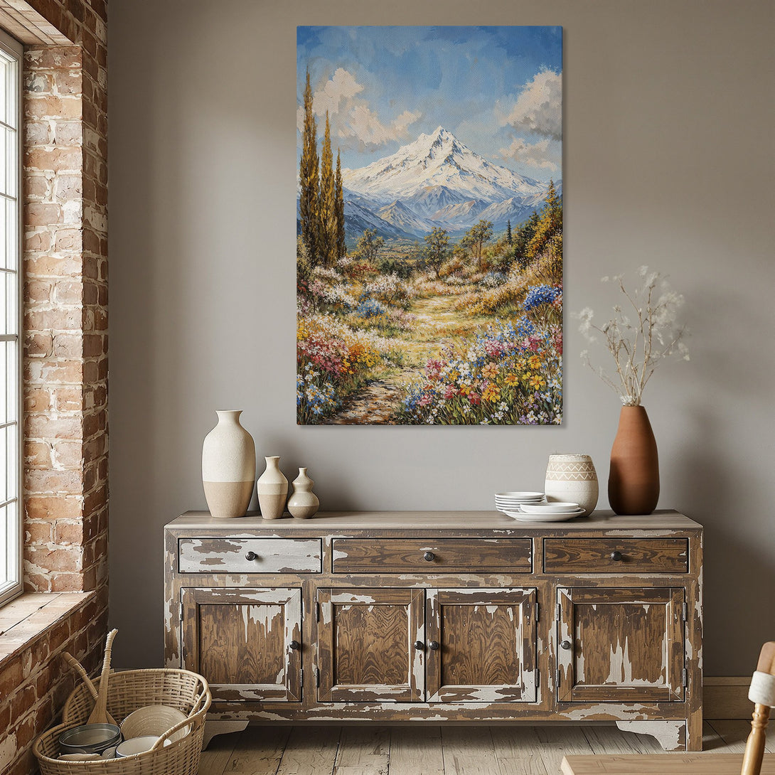 Framed Wall Art: Mountain landscape canvas print with a vibrant, colorful palette. Perfect for adding a touch of nature-inspired art to your home decor.