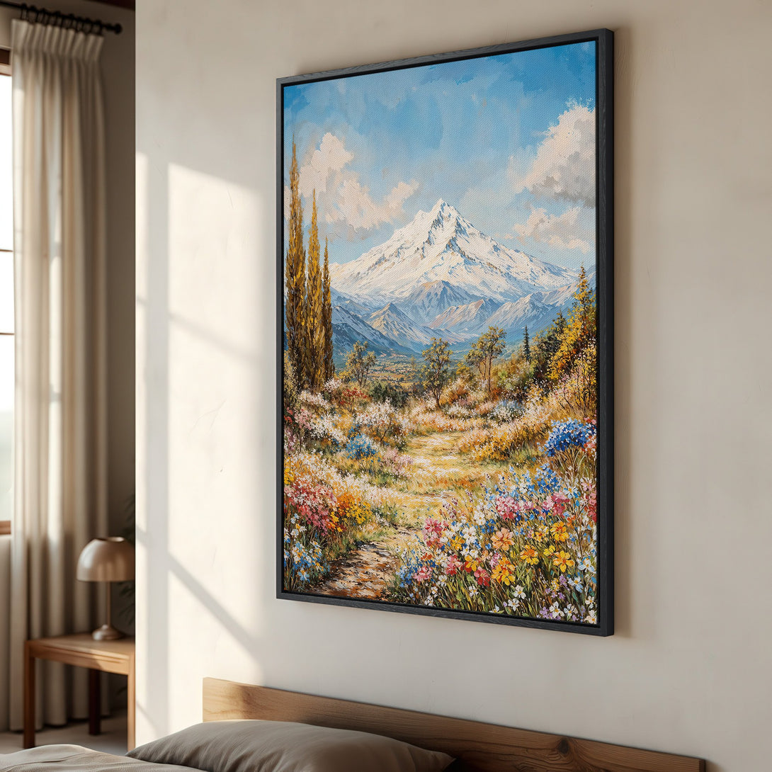 Framed Wall Art of a mountain landscape painting with vibrant wildflowers. Beautiful oil painting style with blue, green, and yellow color palette. Perfect home decor.