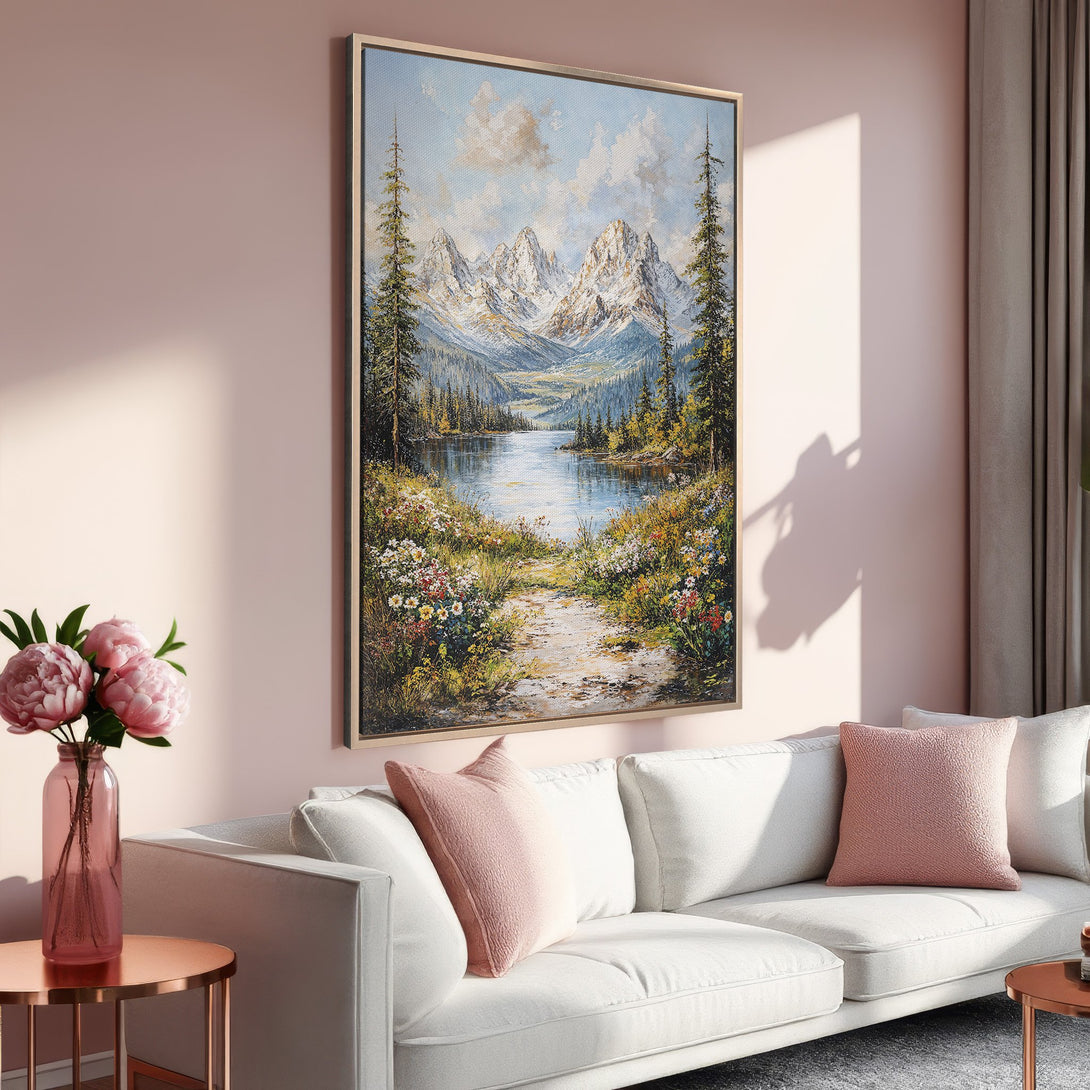 Framed Wall Art: Mountain landscape painting in a warm, inviting color palette. Perfect for adding a touch of nature and serenity to your home decor.