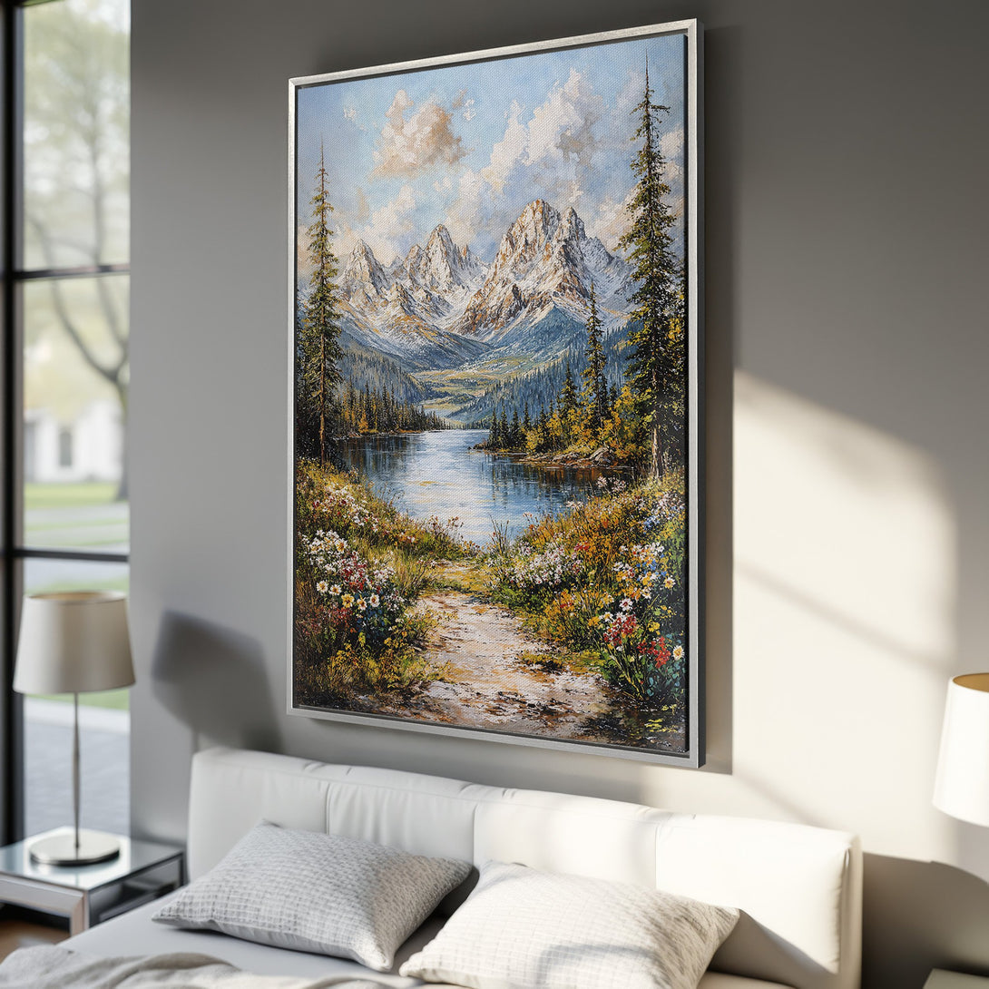 Framed Wall Art: Mountain landscape canvas print in a bedroom. Features a serene lake scene with a vibrant, colorful palette. Perfect for adding nature's beauty.