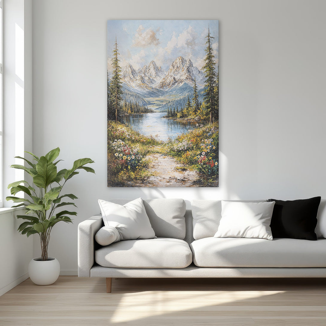 Framed Wall Art: Mountain lake landscape painting with a gold frame. Features a serene, blue, green, and white color palette, perfect for home decor.