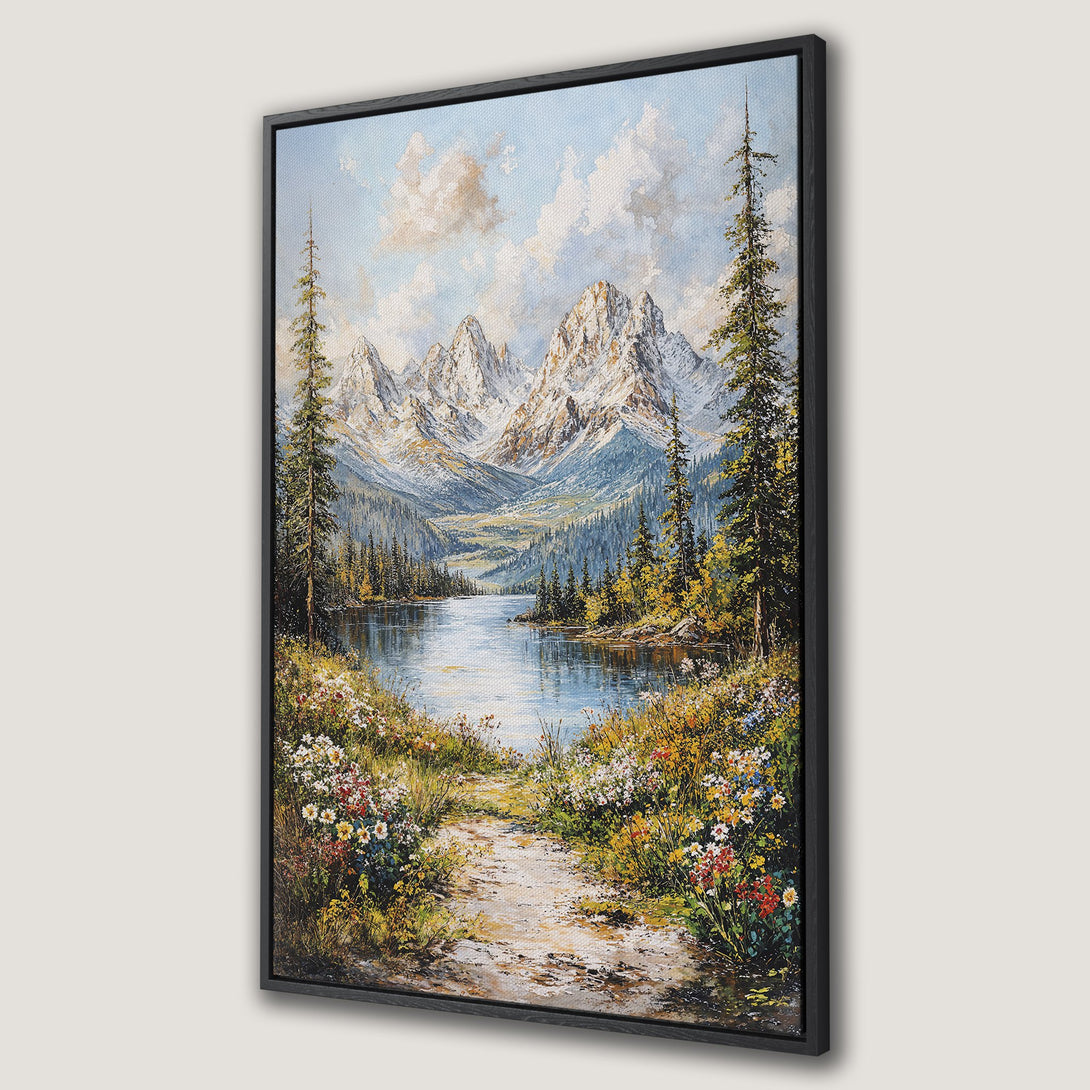 Framed Wall Art featuring a serene mountain landscape with a lake, path, and floral foreground. Earthy tones and cool blues create a calming aesthetic. Perfect for home decor.