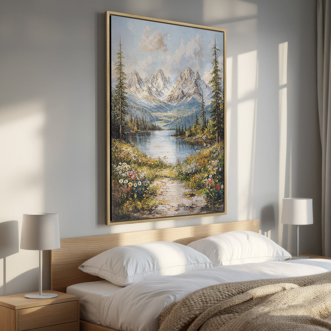 Framed Wall Art: Mountain landscape canvas print in a bedroom. Oil painting style with a blue, green, and white color palette. Elevate your space with this serene artwork.