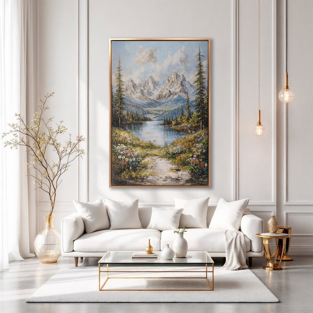 Framed Wall Art: Mountain landscape painting in a gold frame. Earthy tones of blue, green, and gold. Perfect for living room decor.