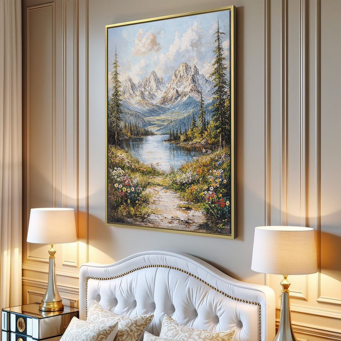 Canvas Print of a serene mountain landscape painting in a classic style, featuring a natural color palette. Perfect wall art for your home!