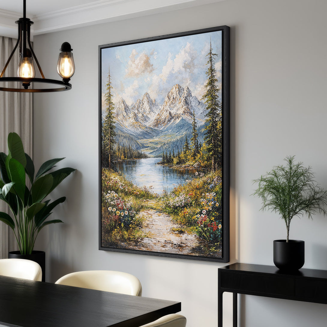 Framed Wall Art: Mountain landscape Canvas Print in a dining room. Oil painting style with blues, greens, and whites. Perfect for adding a touch of nature to your home.