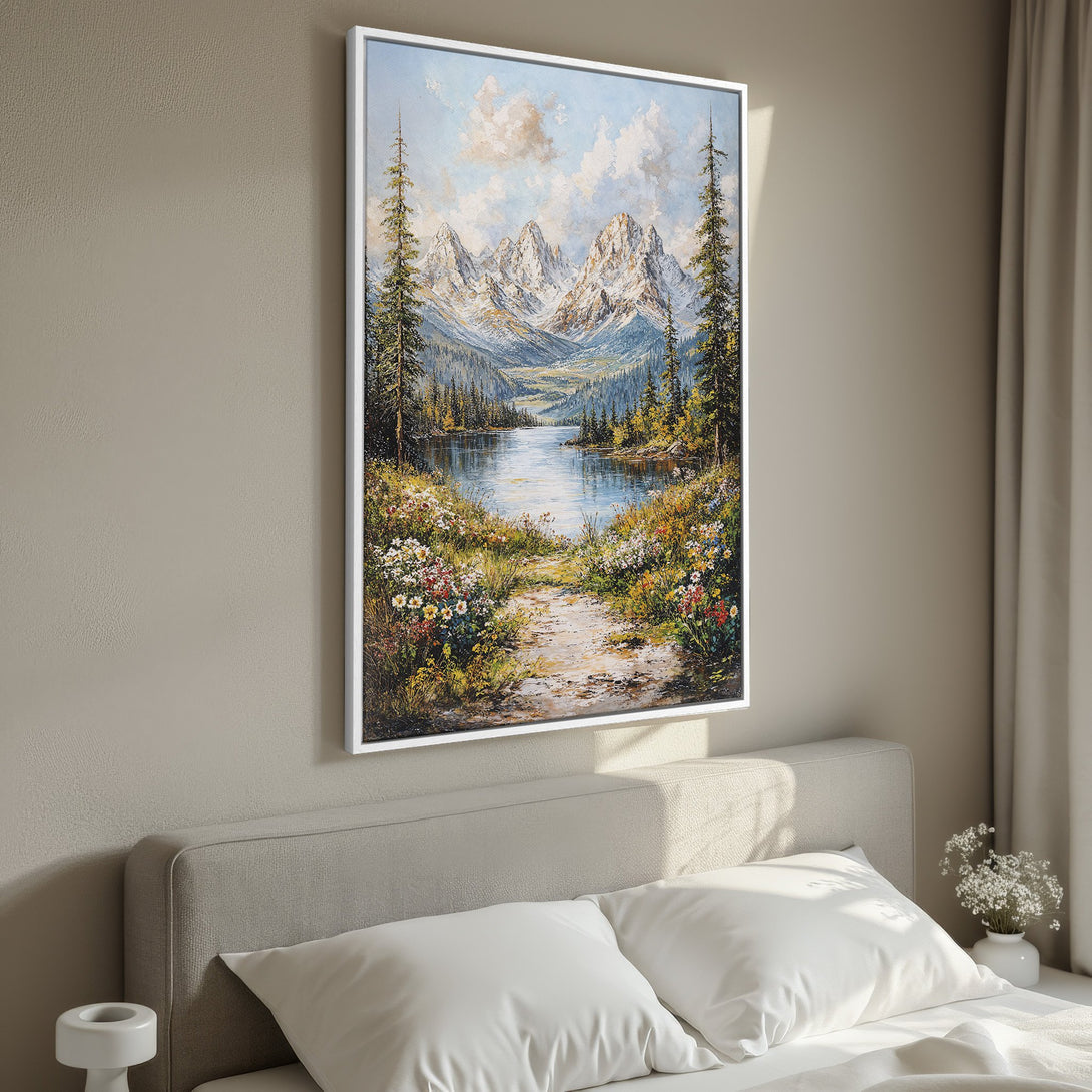 Framed Wall Art: Mountain landscape canvas print in a bedroom. Oil painting style with blue, green, and white color palette. Bring nature indoors!
