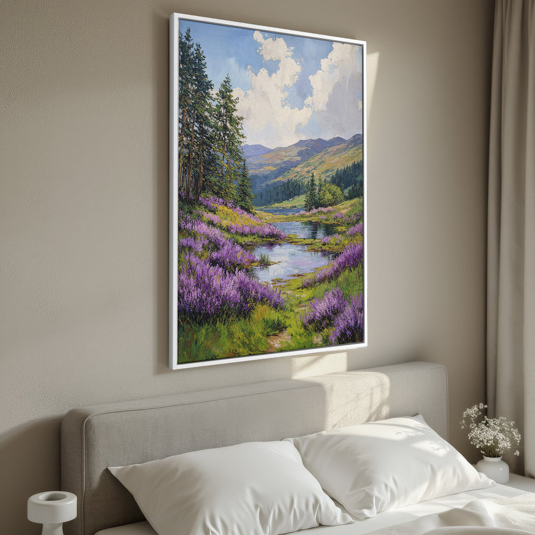 Framed Wall Art: Serene landscape Canvas Print with vibrant purple wildflowers, lush green trees, and a tranquil river. Earthy tones and a calming aesthetic.