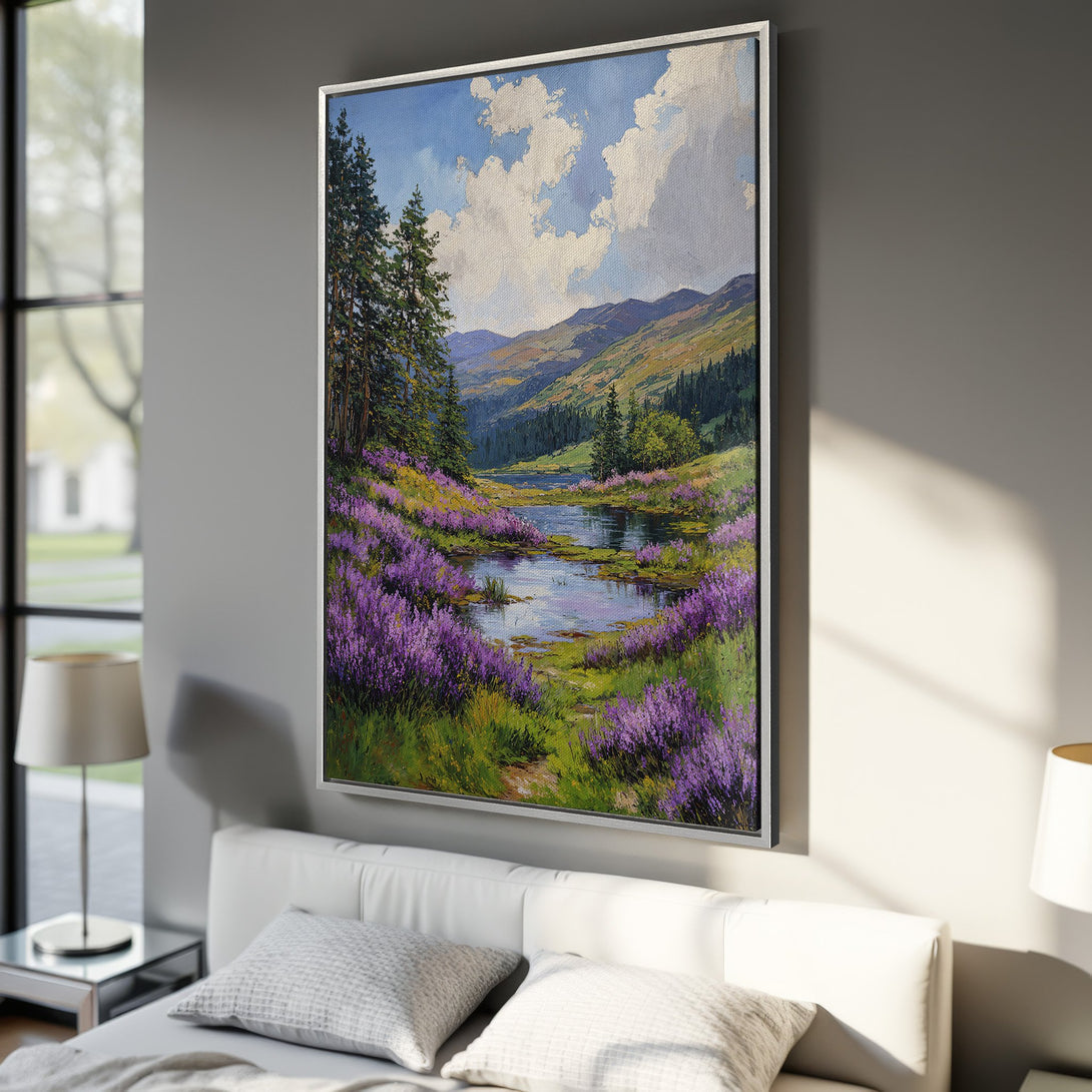 Framed Wall Art: Landscape Canvas Print of a serene mountain scene with a river, lush purple flowers, and a blue sky. Perfect for home decor.