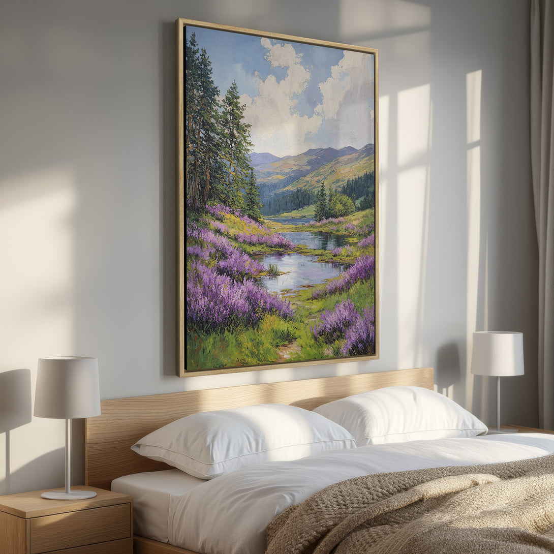 Framed Wall Art: Serene landscape Canvas Print with purple wildflowers and river. Perfect for bedroom decor. Earthy tones and calming aesthetic.