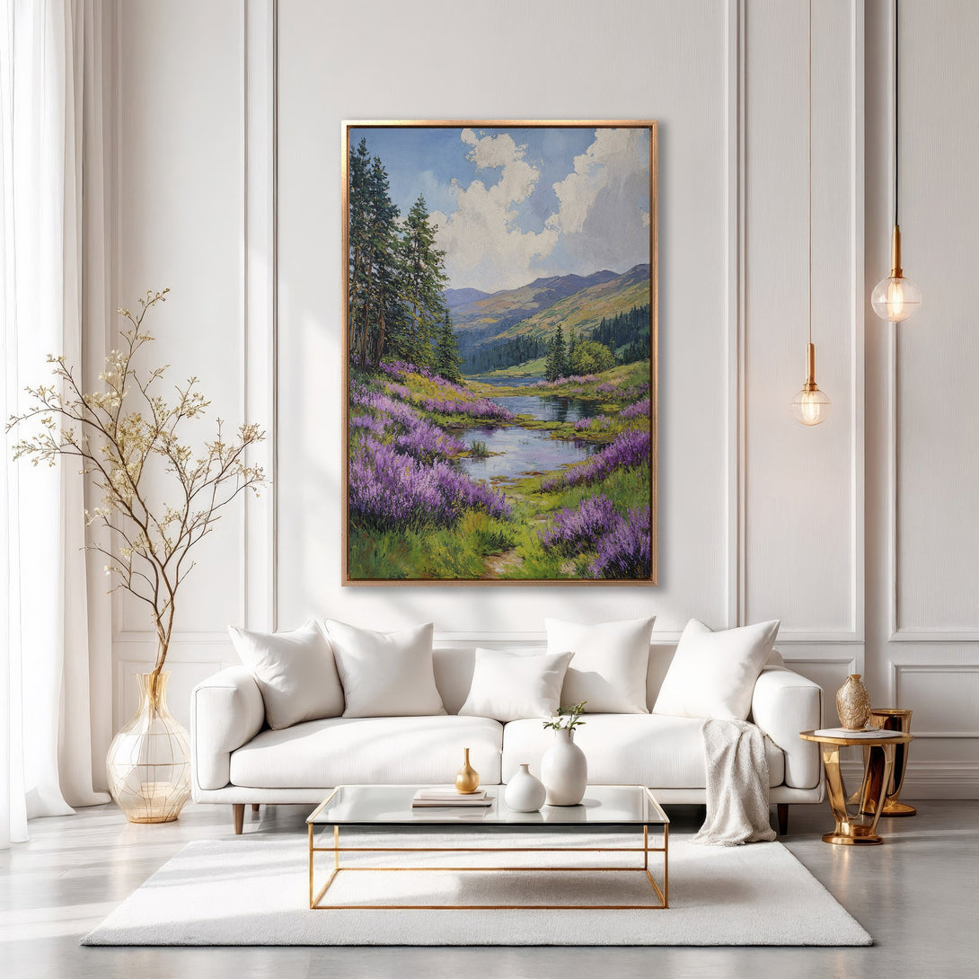Framed Wall Art: Landscape painting with purple flowers, serene lake, and green hills. Warm color palette. Perfect for adding a touch of nature to your home.