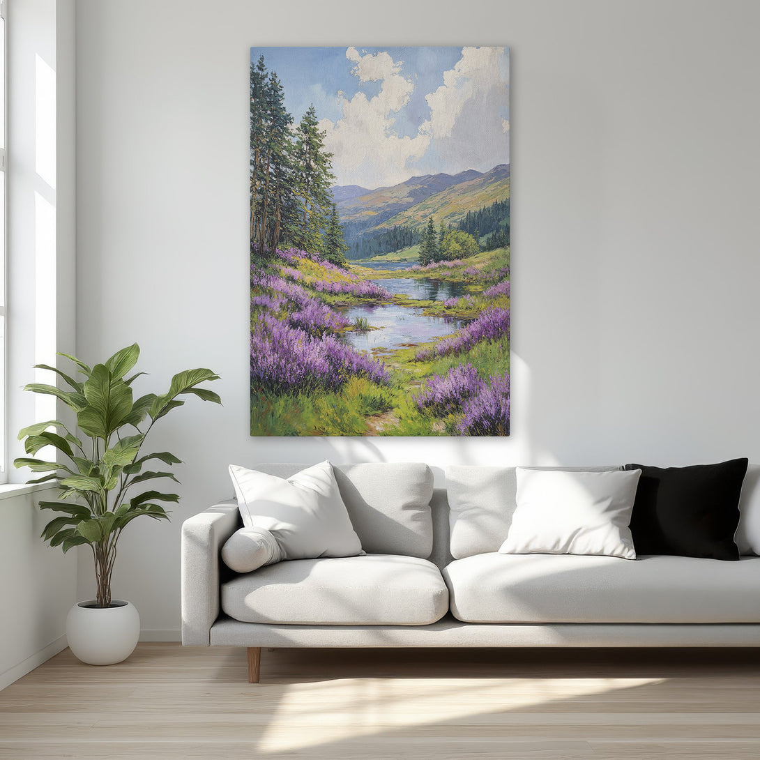Framed Wall Art: Serene landscape Canvas Print with a river, purple flowers, and green trees. Warm, inviting color palette. Perfect for any room.