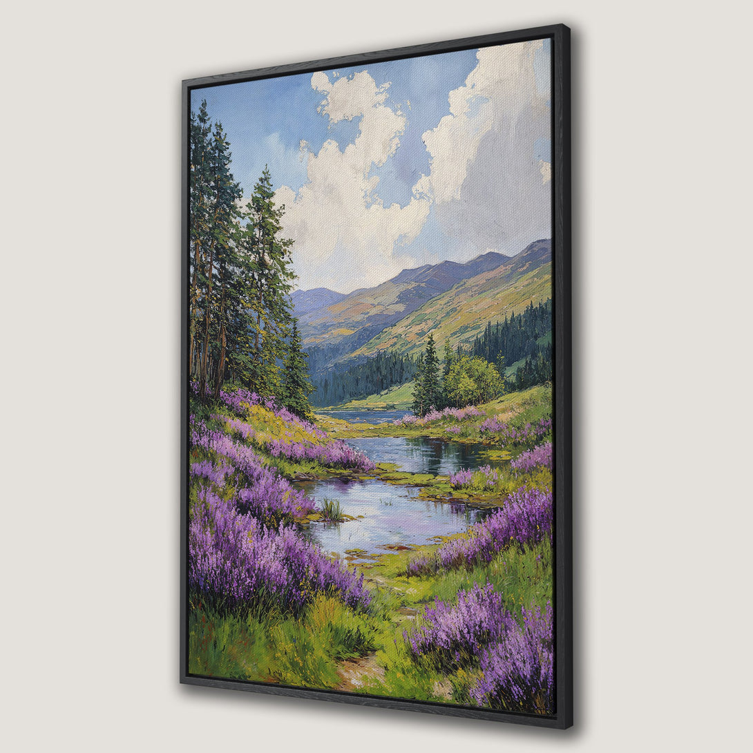 Framed Wall Art: Stunning landscape Canvas Print featuring a serene mountain scene with purple flowers, green hills, and a blue sky. Perfect for any home.