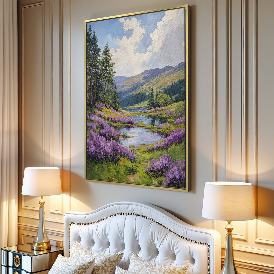 Canvas Print of a serene landscape painting with purple flowers, trees, and a river. Soft, natural color palette. Perfect wall art for any room.