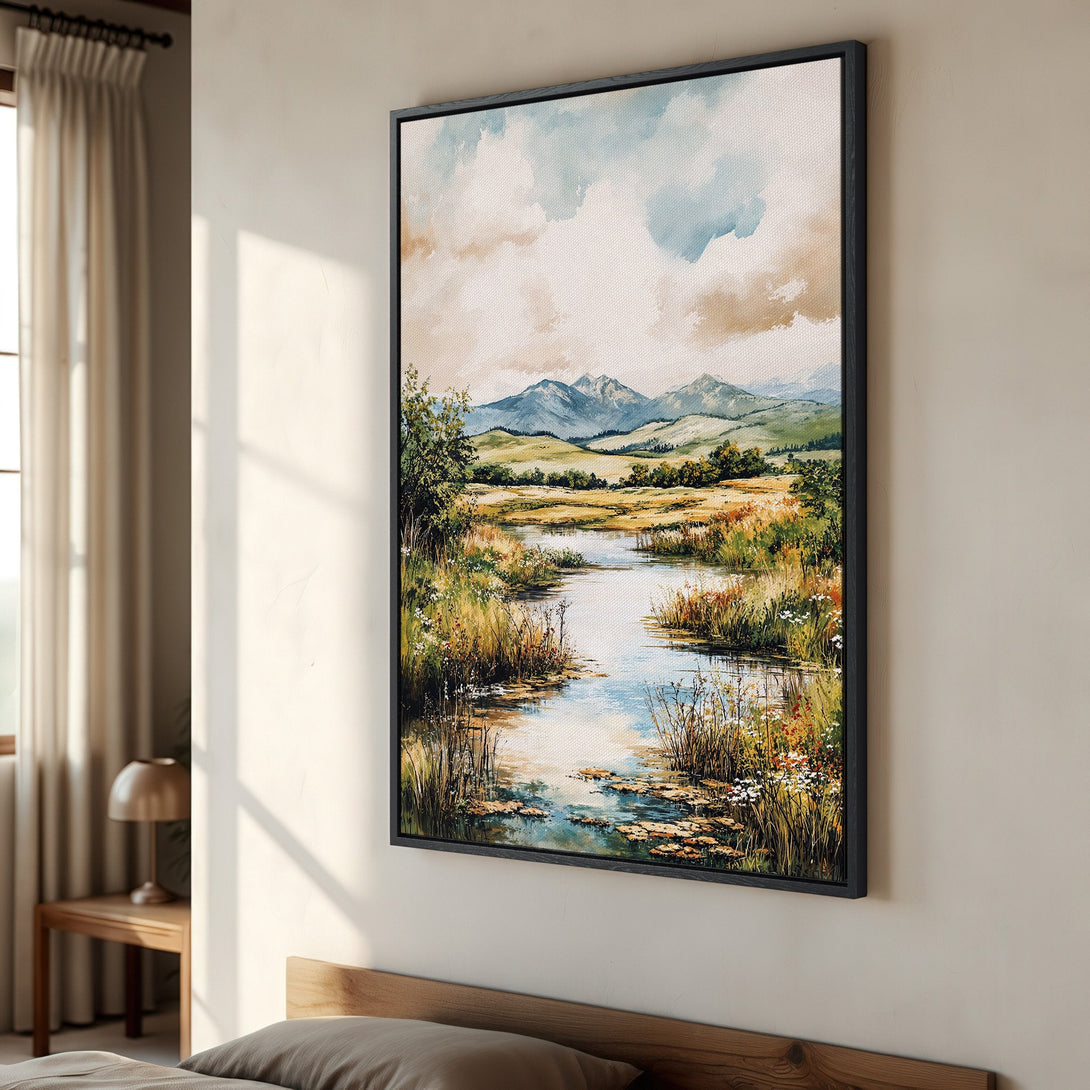 Framed Wall Art: Landscape Canvas Print of a serene river scene with mountains, in a watercolor style, featuring a natural color palette.