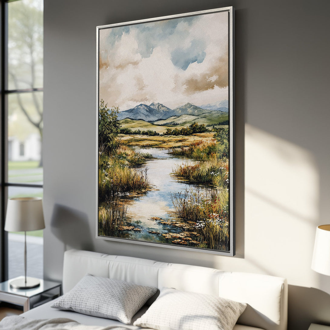 Framed Wall Art: Landscape Canvas Print with serene river scene, featuring mountains and a warm, earthy color palette. Perfect for adding a touch of nature to your home!