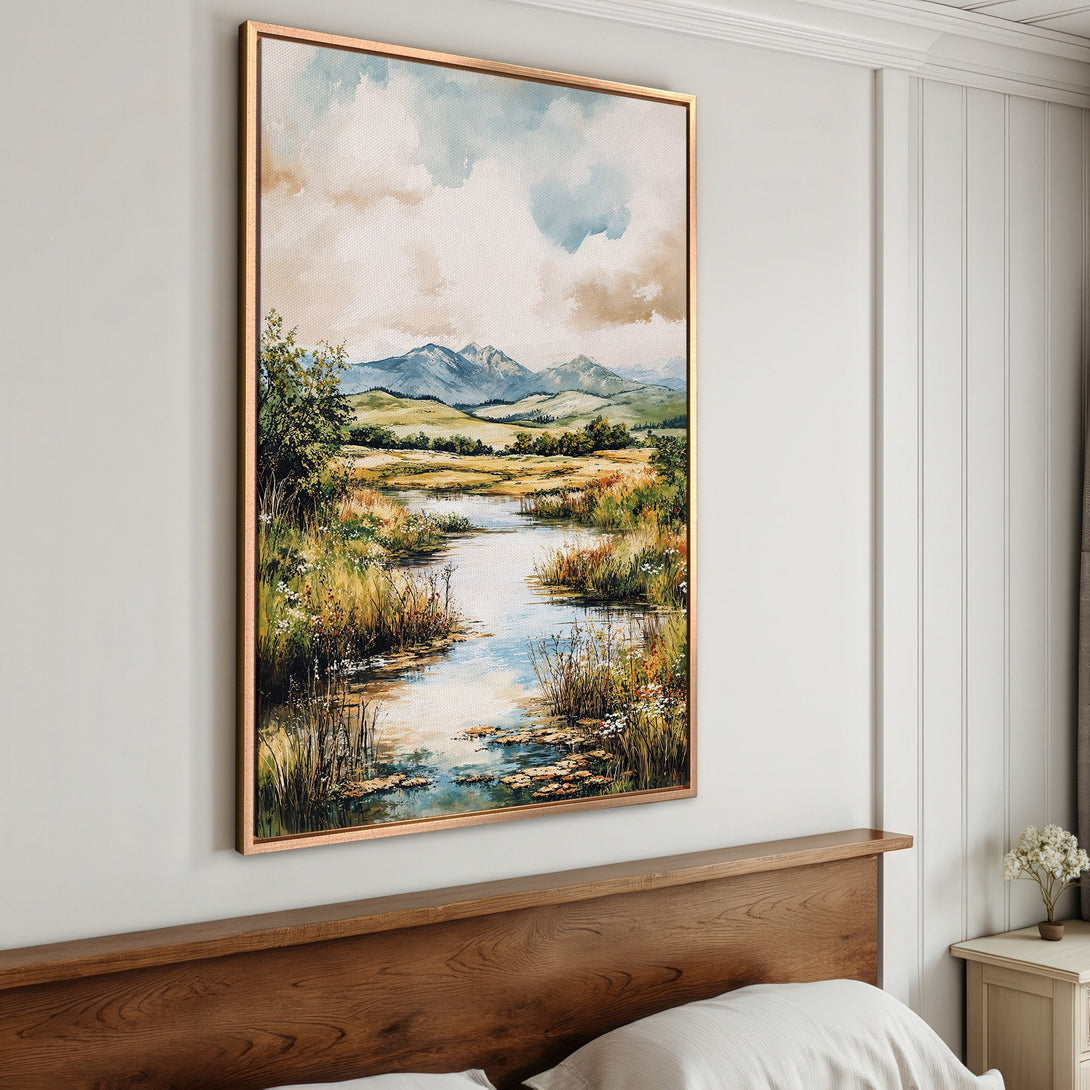 Framed Wall Art: Watercolor landscape Canvas Print with serene river scene, mountains, and a calming blue, green, and beige palette. Perfect for bedroom decor.