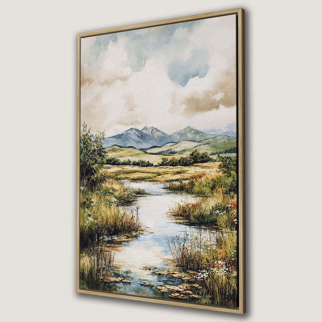 Framed Wall Art: Watercolor landscape Canvas Print featuring a serene river scene with mountains, lush greenery, and a warm, earthy color palette.