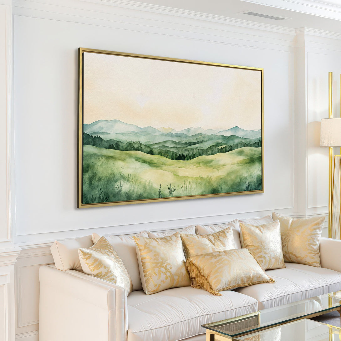 Canvas Print of a watercolor landscape in green and neutral tones, perfect for adding a touch of nature to your home decor.