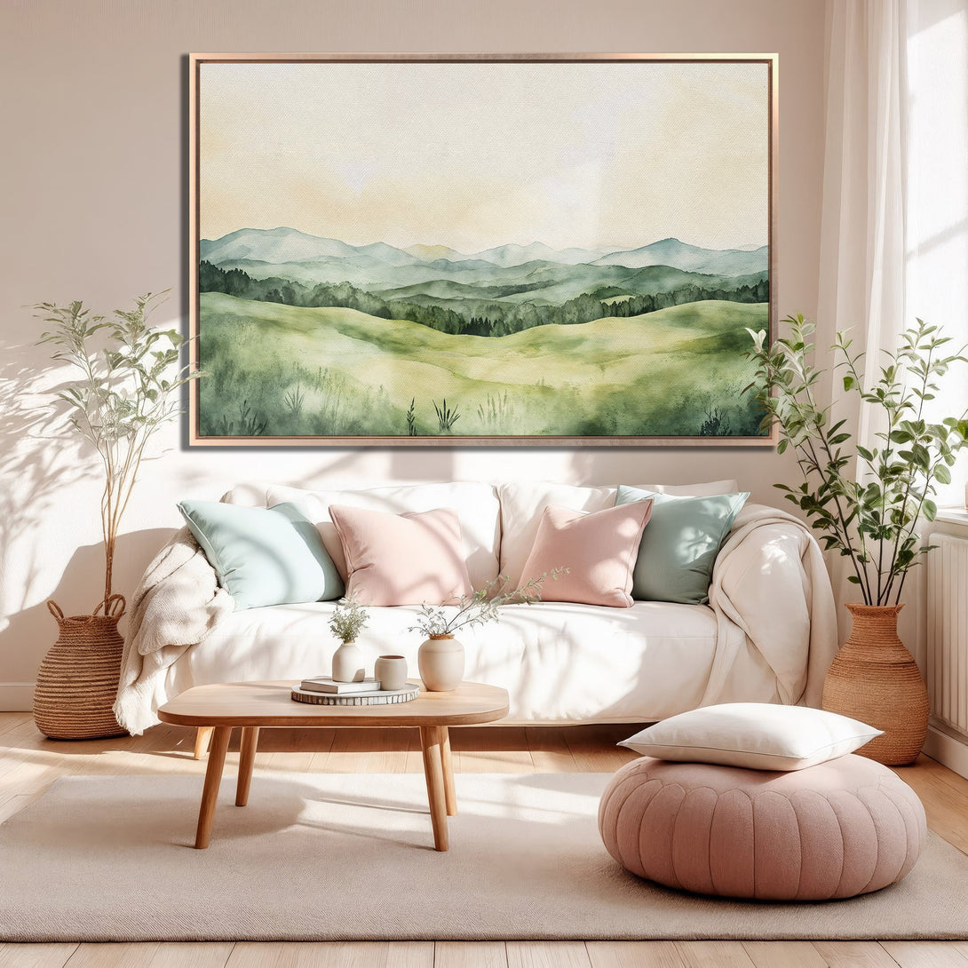 Framed Wall Art: Watercolor landscape print in green and beige tones. Perfect for adding a touch of nature and serenity to your living room decor.
