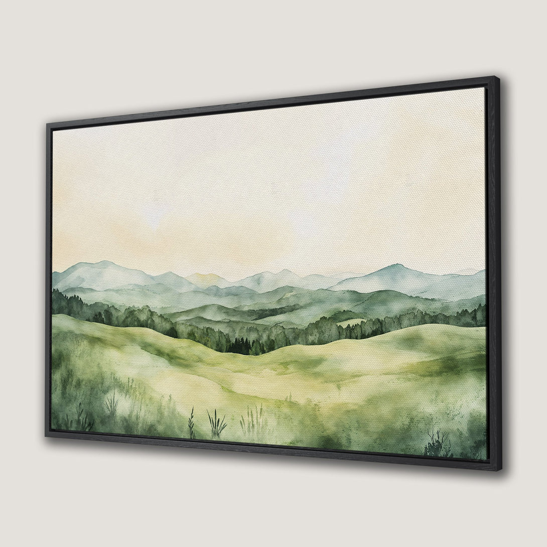 Framed Wall Art: Watercolor landscape Canvas Print featuring rolling hills and mountains in a serene green and beige color palette. Perfect for adding tranquility to your space.