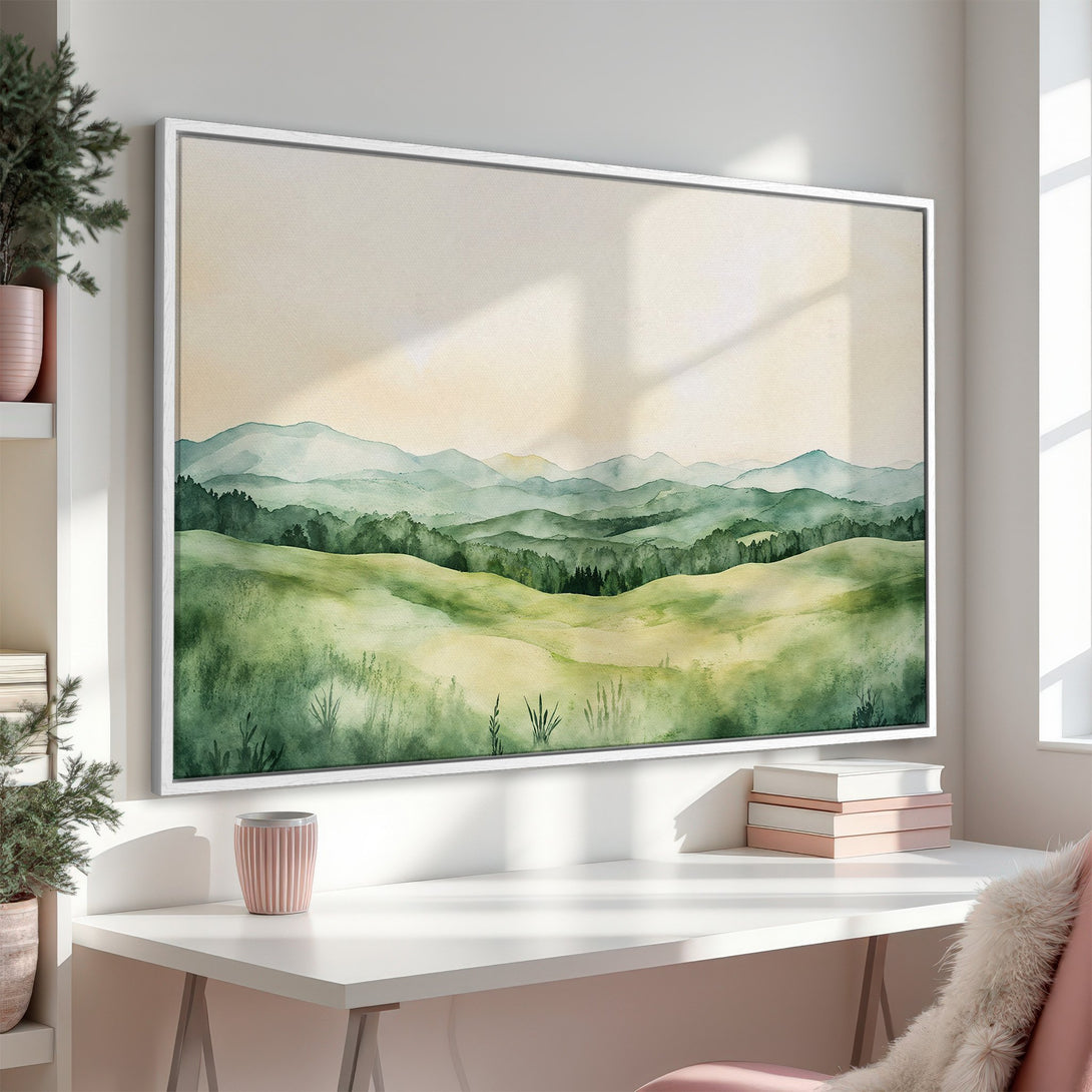 Framed Wall Art: Watercolor landscape print with green and yellow hues. Serene mountain scene perfect for adding a touch of nature to your home decor.