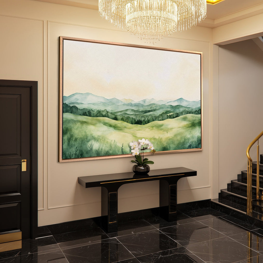 Framed Wall Art: Watercolor landscape print in green and beige tones, displayed in a luxurious interior. Enhance your home decor with this elegant artwork.