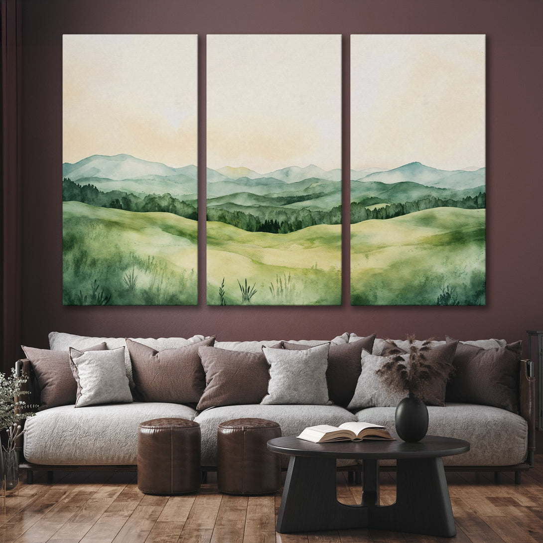 Canvas Print of a watercolor landscape painting in green and yellow hues, perfect for adding a touch of nature to your home decor.