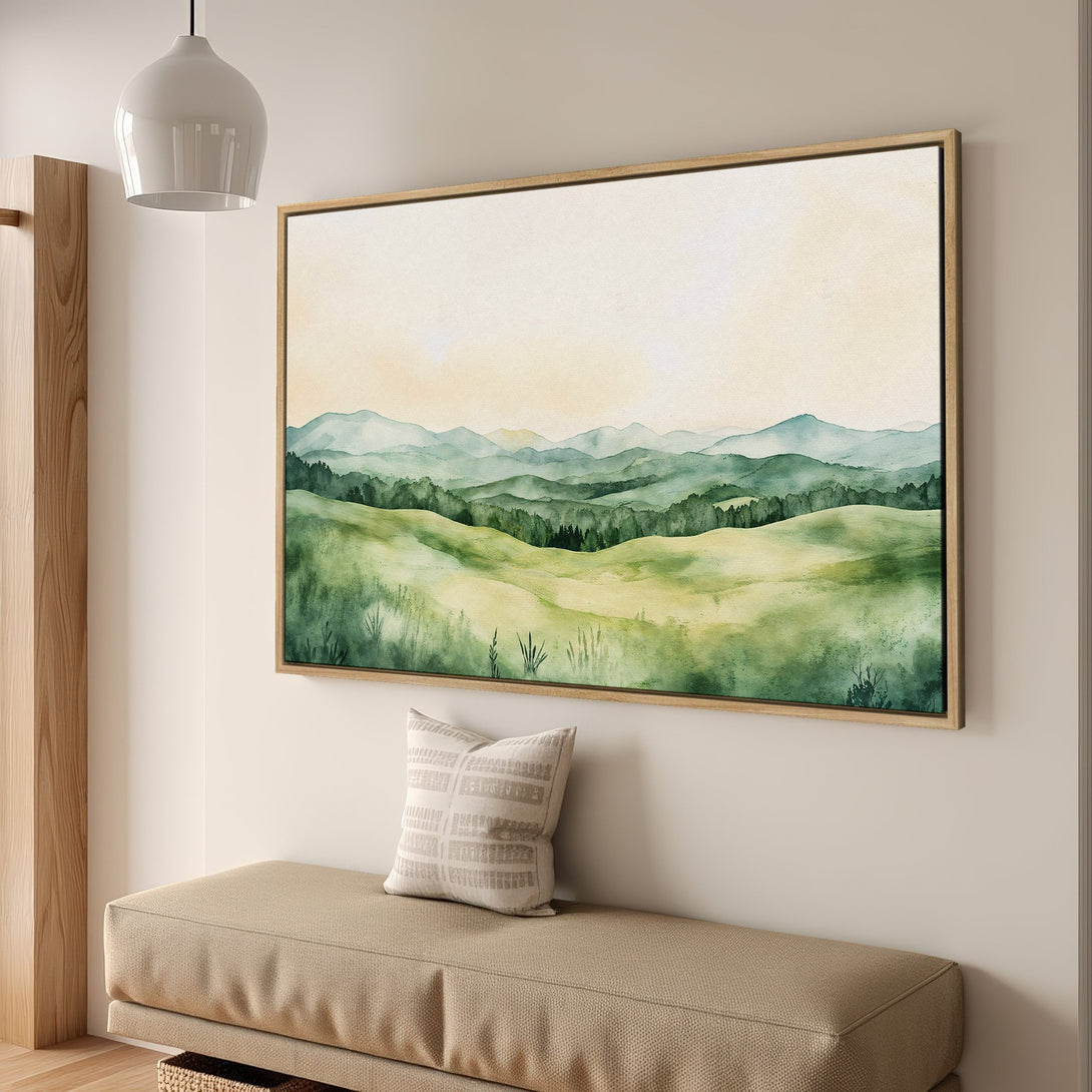 Framed Wall Art: Watercolor landscape Canvas Print in green and yellow tones. Bring nature's beauty indoors with this serene, minimalist artwork.