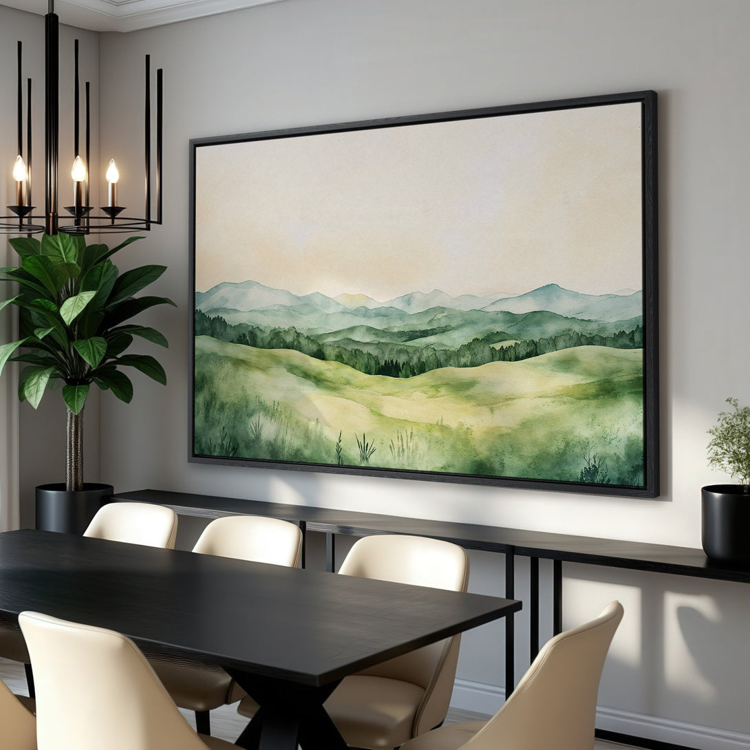Framed Wall Art: Watercolor landscape Canvas Print in a modern dining room. Features green & yellow hues, perfect for adding a touch of nature to your space.