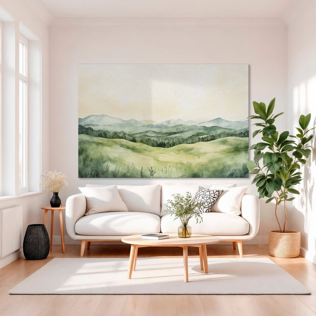 Framed Wall Art: Watercolor landscape Canvas Print with green and gold tones. Modern art for living room decor.
