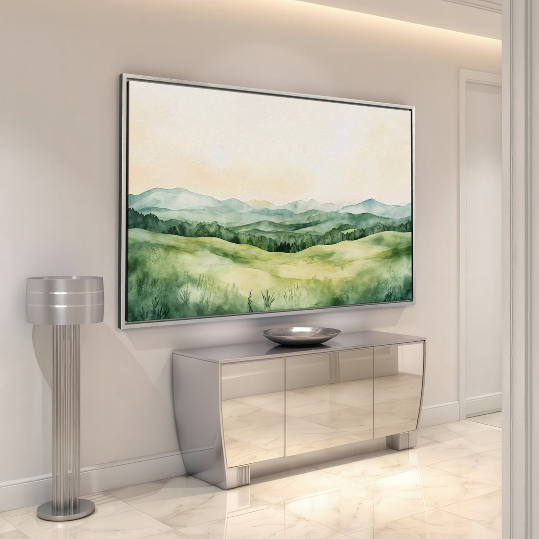 Framed Wall Art featuring a watercolor landscape in green and yellow hues. Modern art print adds a touch of nature to any interior.