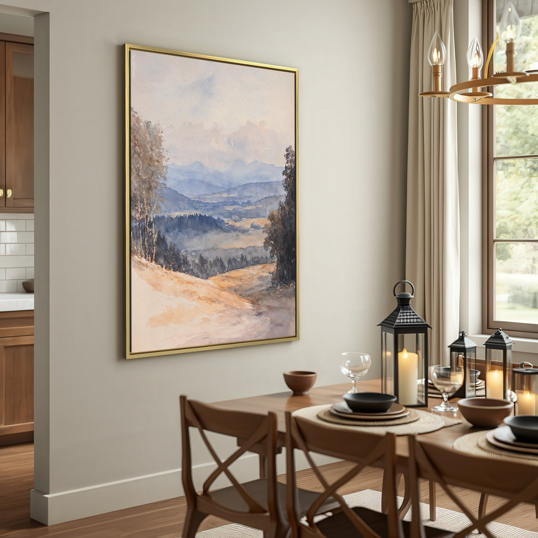 Watercolor Canvas Print of a serene landscape in blue and beige tones, perfect for adding a touch of nature to your home decor.