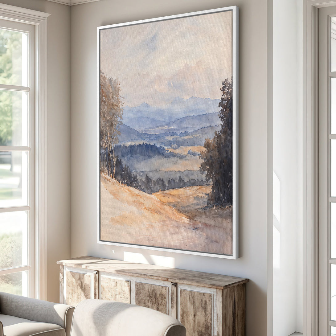 Framed Wall Art: Watercolor landscape Canvas Print with a serene mountain scene in blue, beige, and brown tones. Perfect for adding a touch of nature to your home.