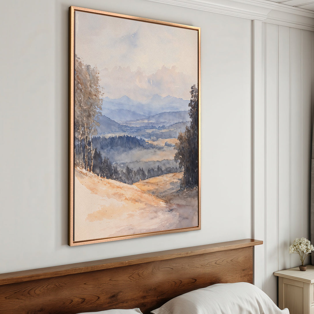 Framed Wall Art: Watercolor landscape print in blue and beige tones. Perfect for adding a touch of nature and serenity to your bedroom decor.