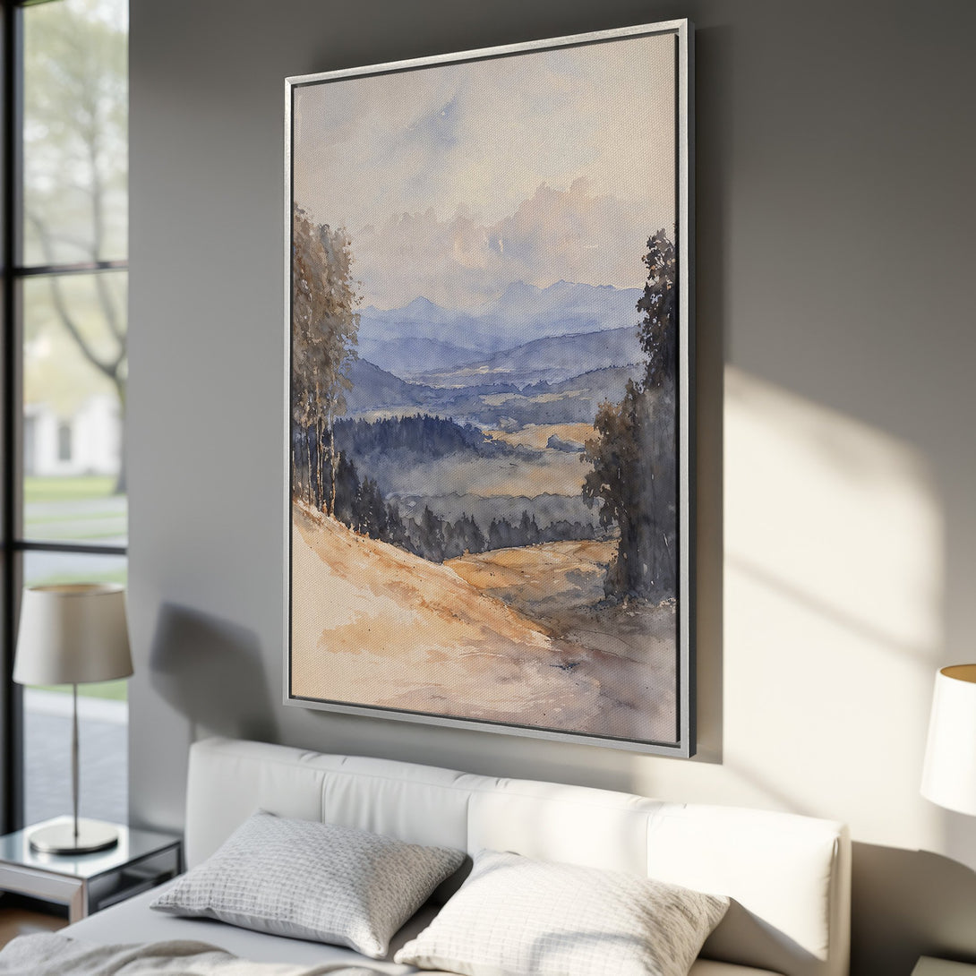Framed Wall Art: Watercolor landscape Canvas Print in muted blue and beige tones. Perfect for adding a touch of serene beauty to your home decor.