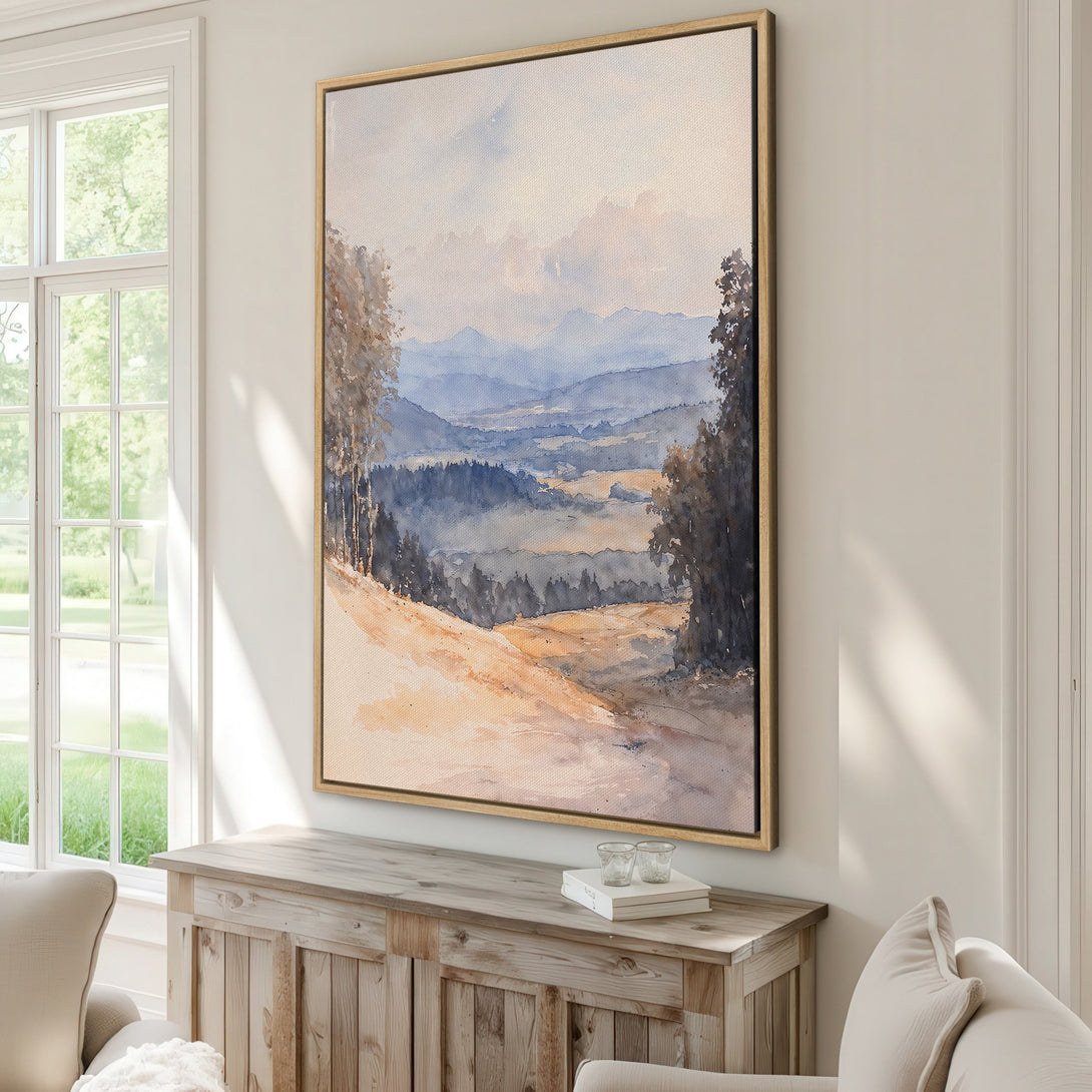 Framed Wall Art: Watercolor landscape canvas print in soft blue and beige tones. Perfect for adding a touch of serene beauty to your home decor.