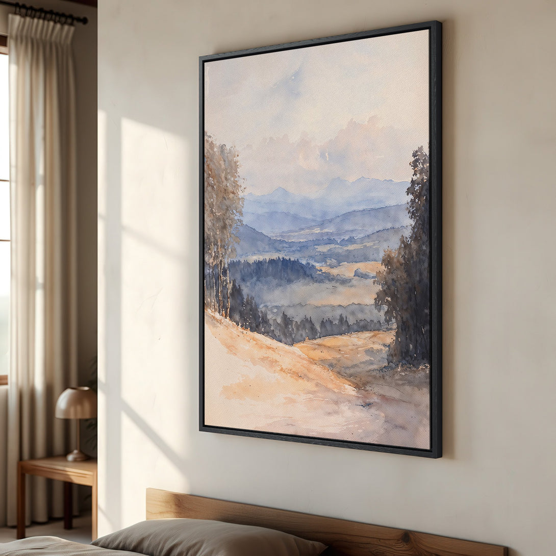Framed Wall Art: Watercolor landscape print in blue and beige tones. Add serene beauty to your home with this stunning canvas art piece.