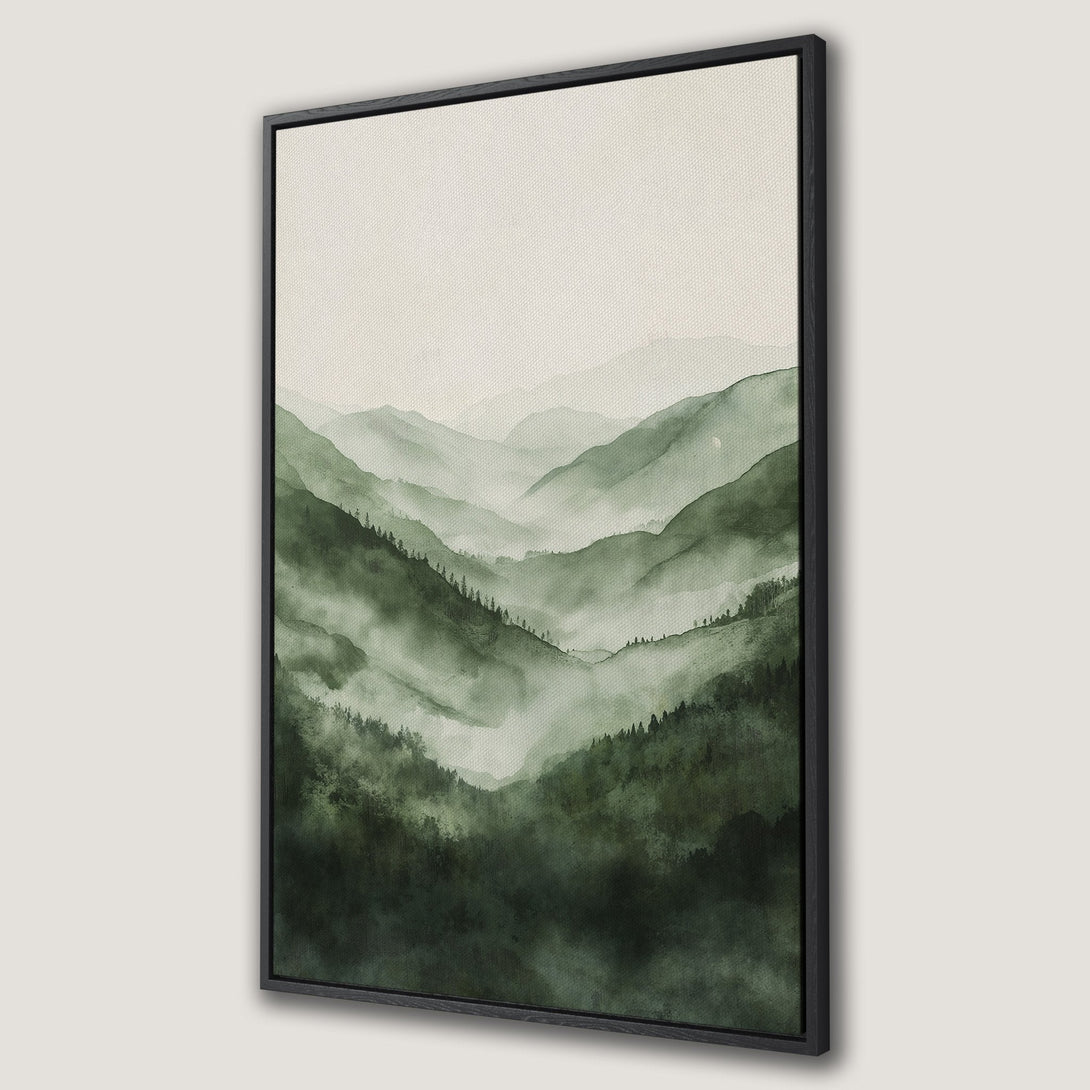 Framed Wall Art featuring a serene watercolor mountain landscape in shades of green. Bring nature's beauty indoors with this calming Canvas Print.