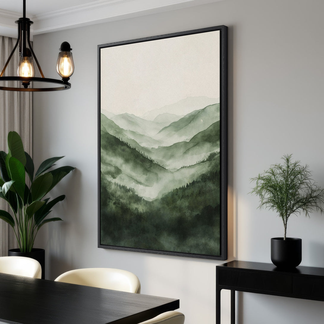 Framed Wall Art: Serene watercolor landscape in green hues. Modern, minimalist style Canvas Print for a calming home decor aesthetic.