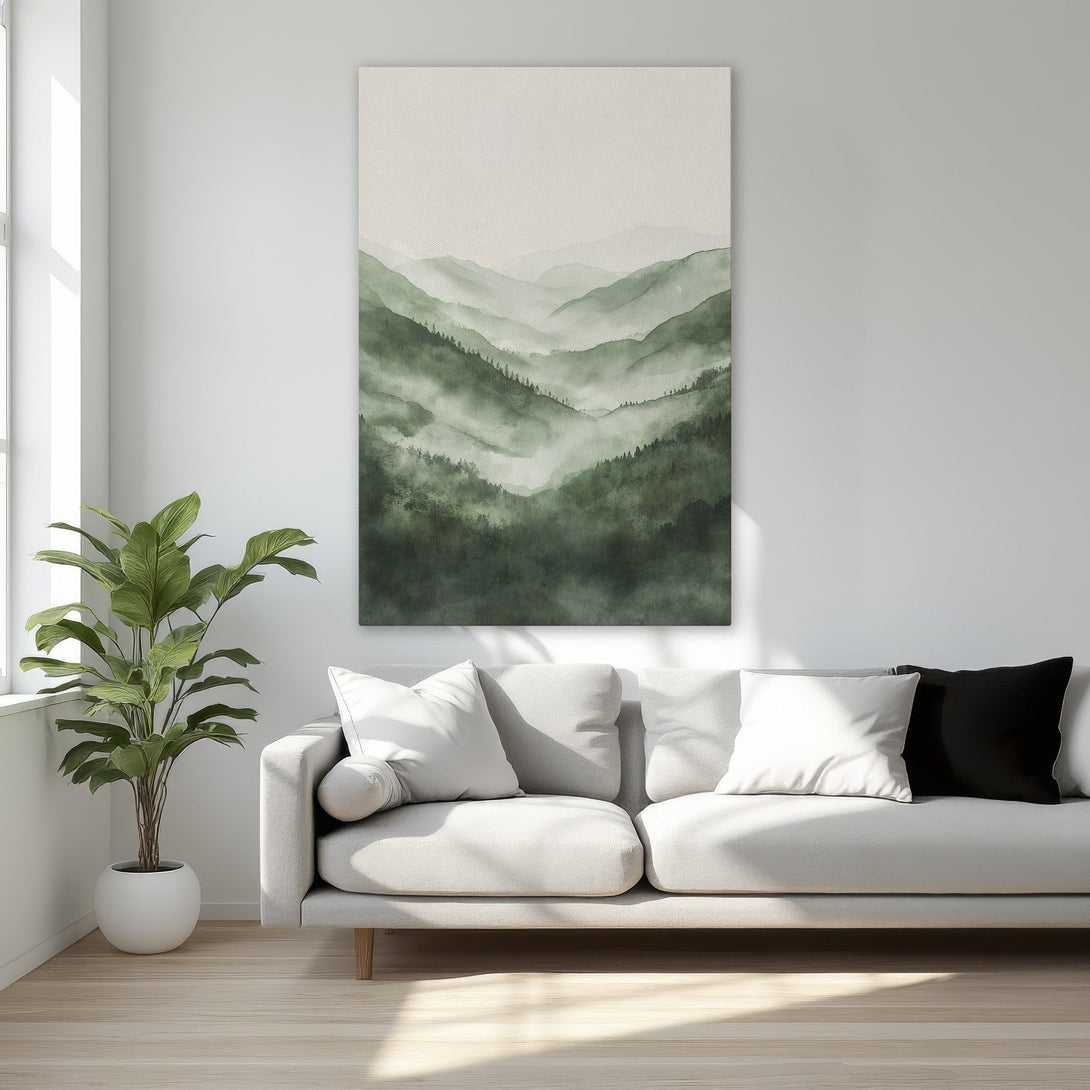Framed Wall Art: Serene mountain landscape in green watercolor style. Adds a touch of nature and tranquility to any space. Perfect for bedroom decor.