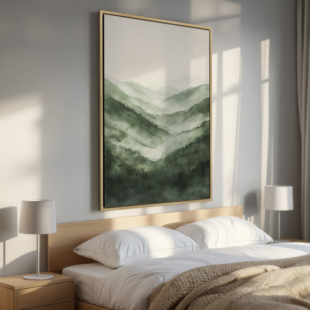Framed Wall Art: Serene watercolor mountain landscape in green hues. Perfect for bedroom decor, this Canvas Print adds a touch of nature's beauty.