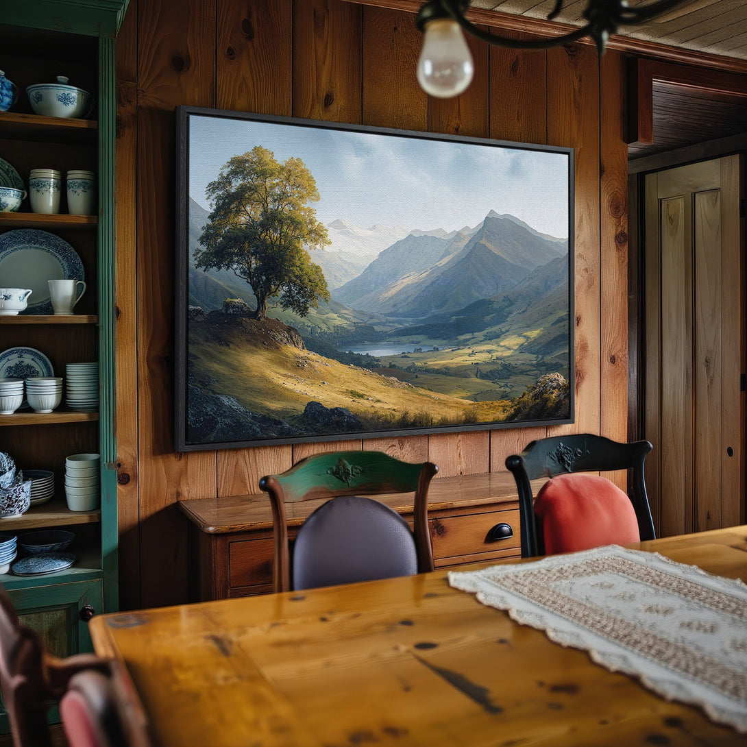 Framed Wall Art: Landscape Canvas Print with a tree and mountains, displayed in a cozy interior with warm tones. Nature-inspired decor for your home.